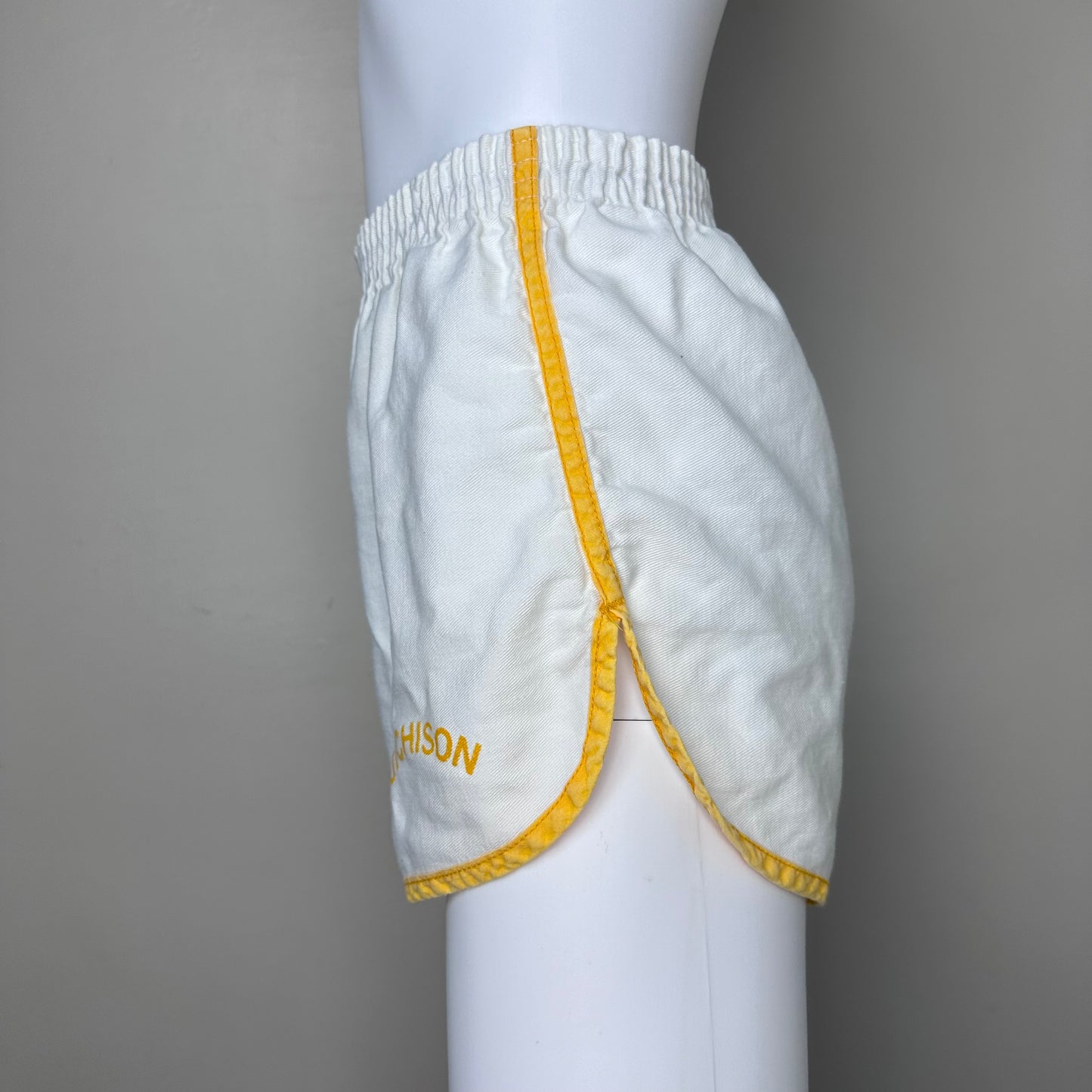 1980s White and Yellow Gym Shorts, Hutchison School, Size X-Small