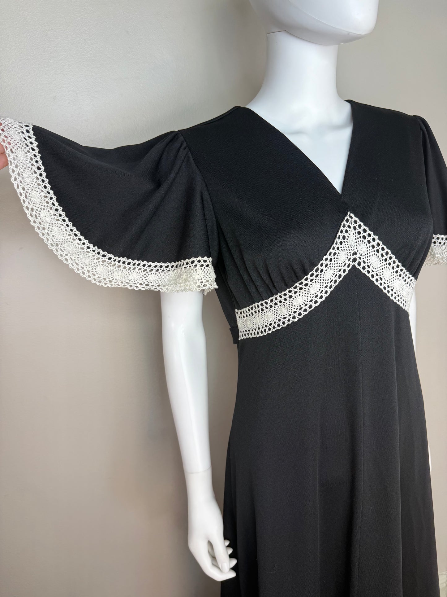 1970s Black Maxi Dress with White Crochet Trim, Sears Fashions Size Large
