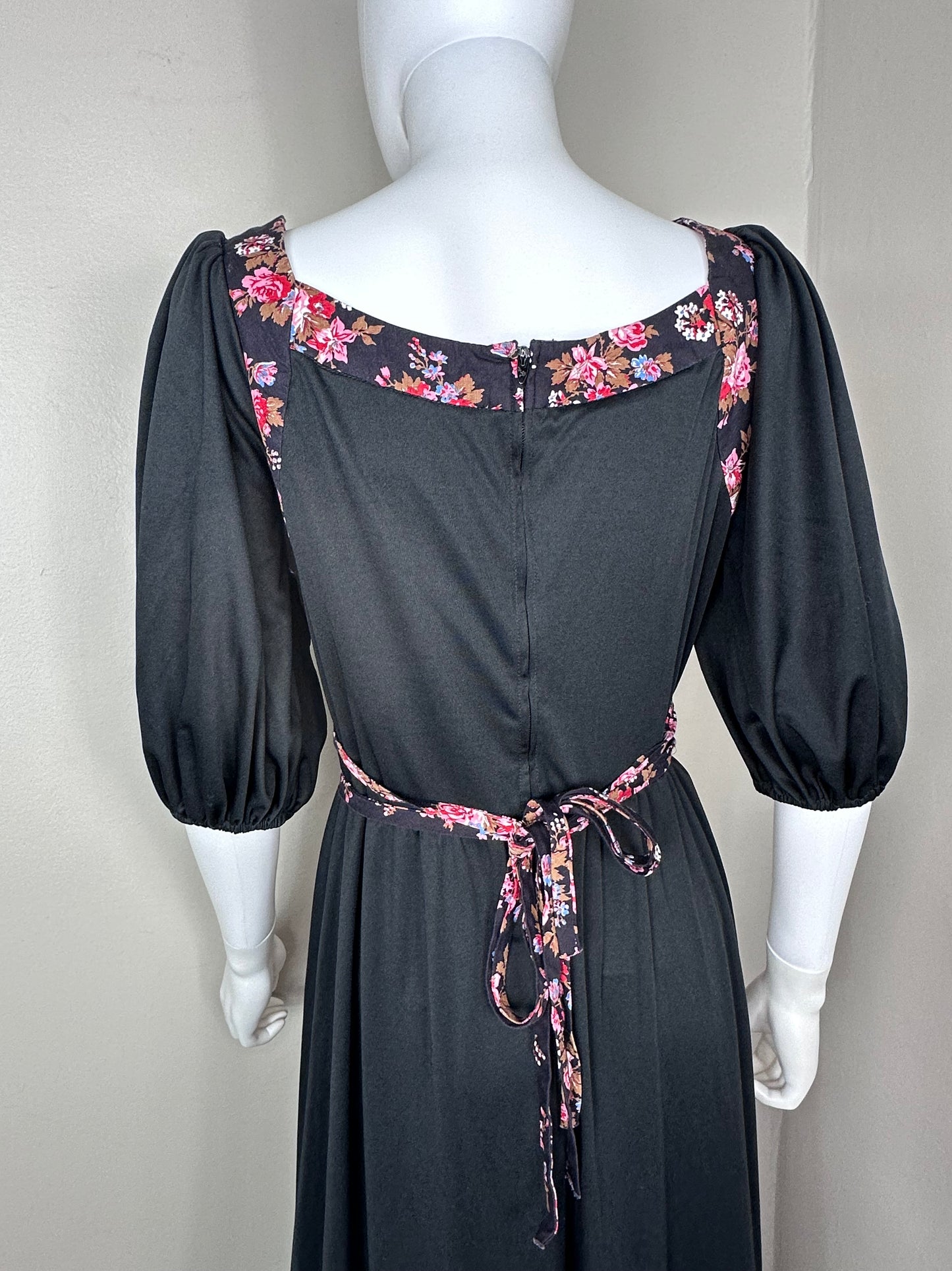 1970s Black Prairie Maxi Dress with Floral Trim, Jody of California Size Medium