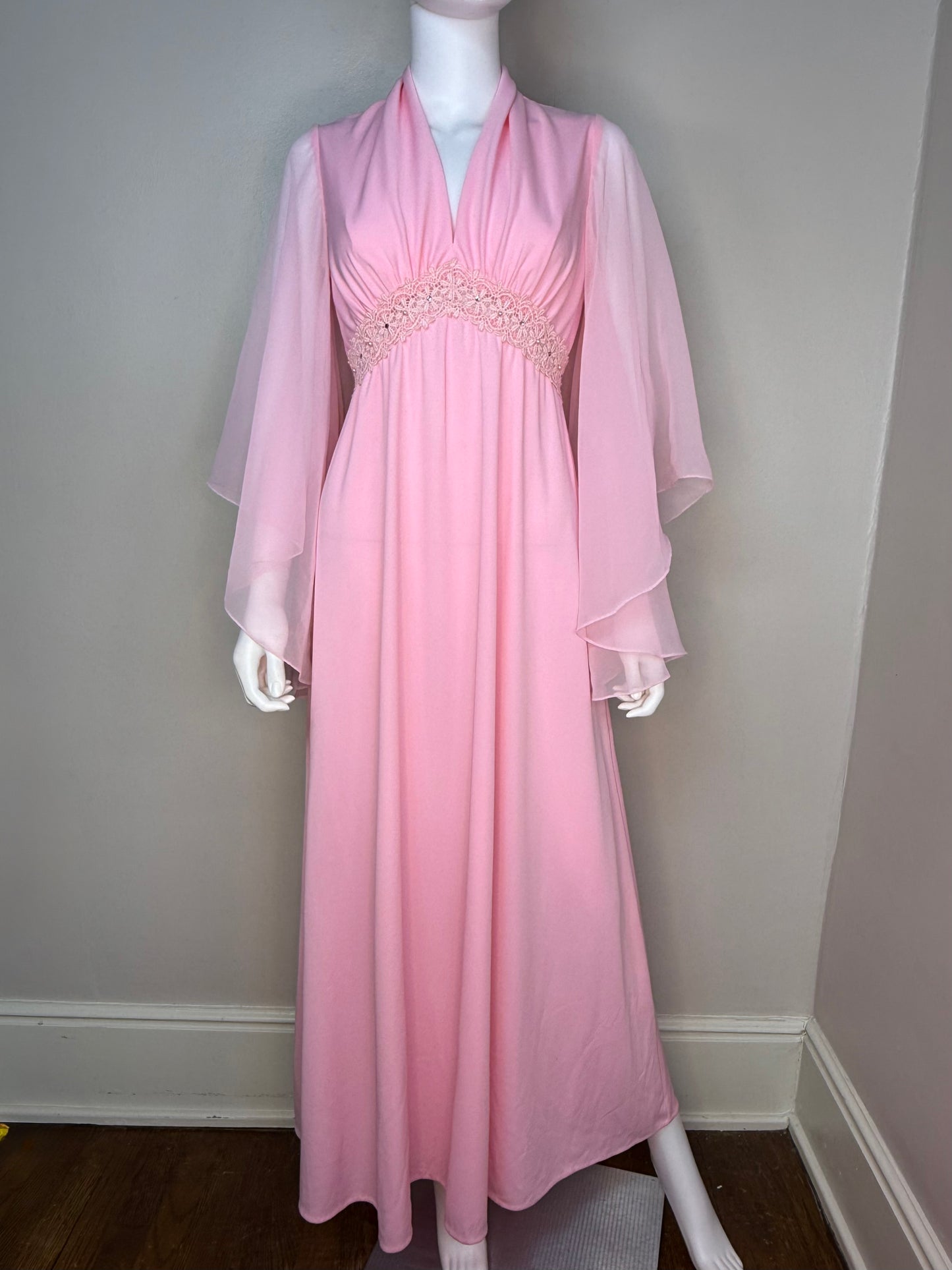 1970s Pink Maxi Dress, Sheer Angel Wing Sleeves, Jill Robbins Size S/M