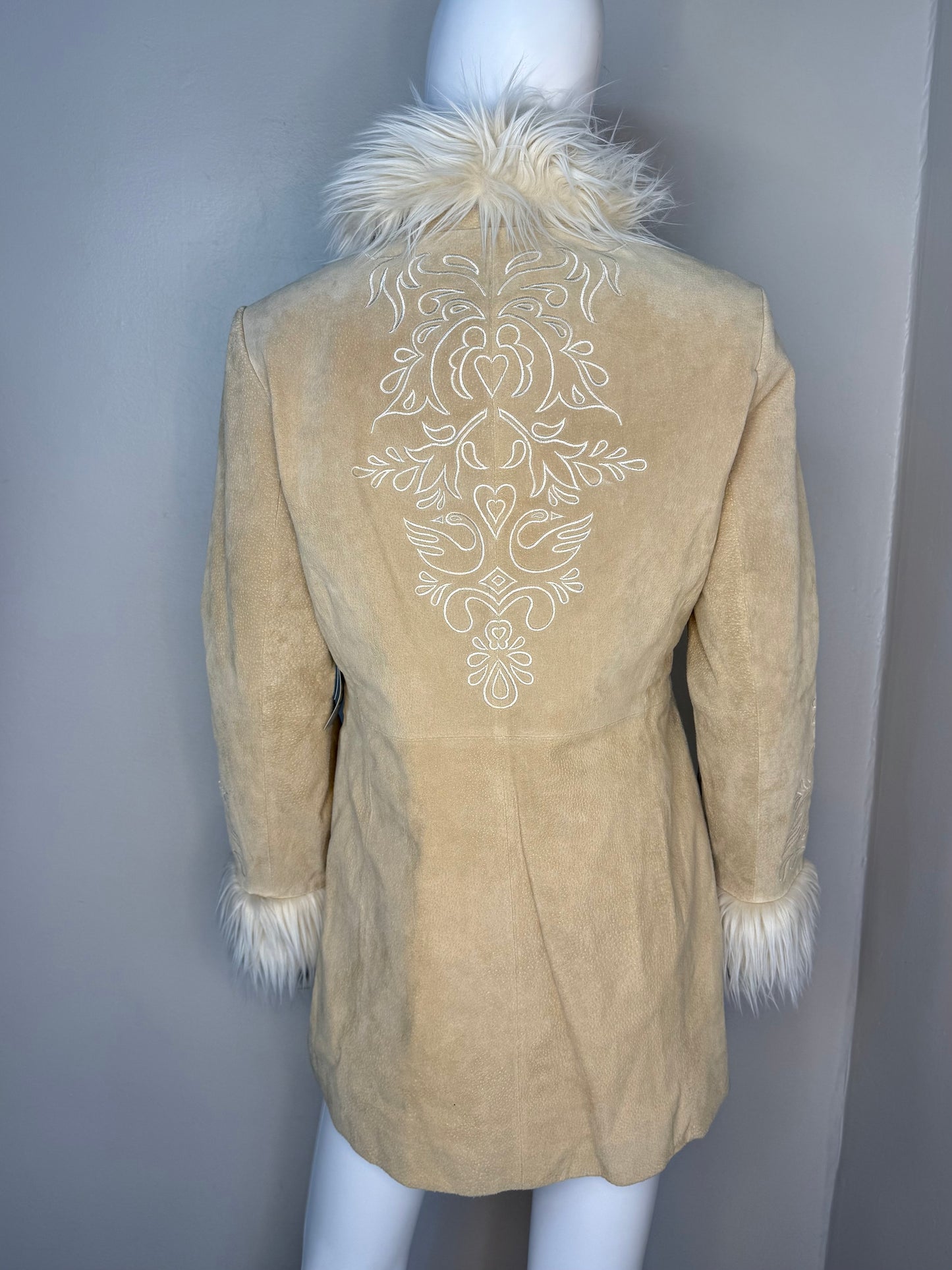 1990s/Y2K Leather and Faux Fur Penny Lane Coat, Embroidered, Mix It Size S/M, JCPenney, Deadstock New with Tags