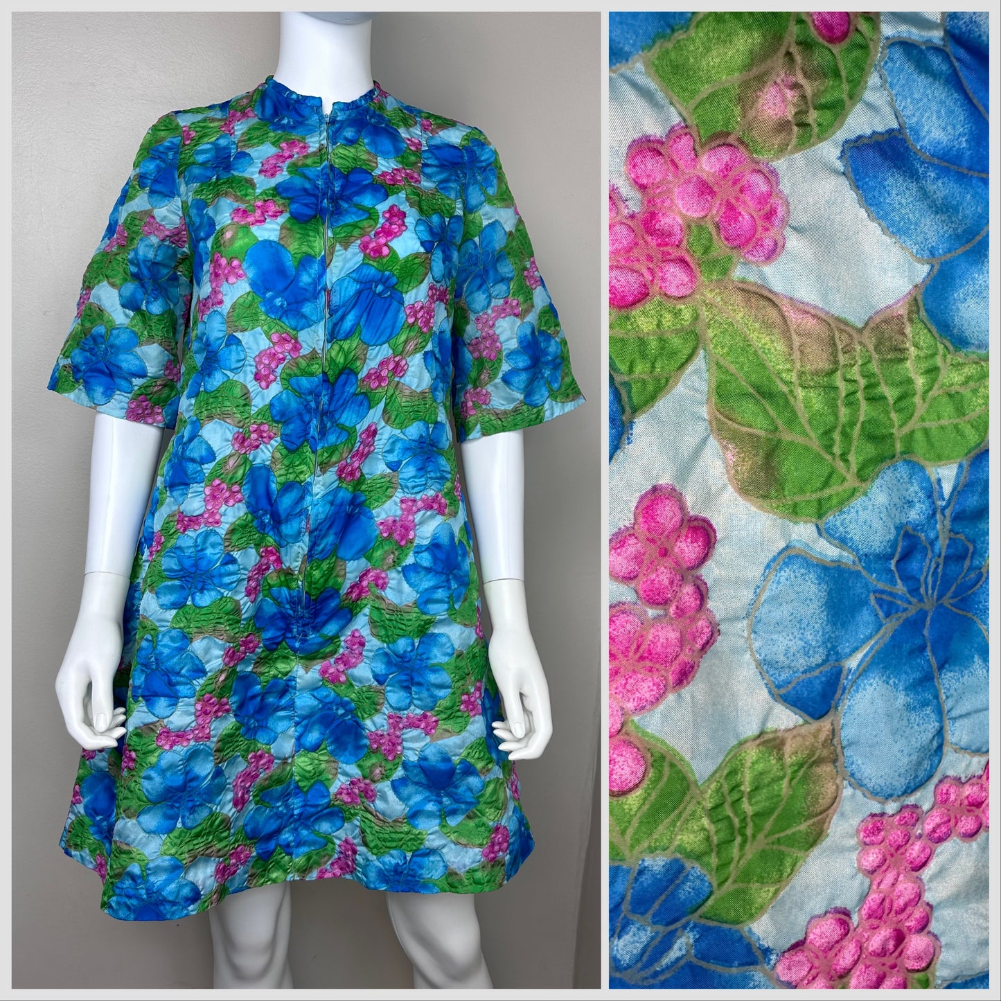 1960s Blue Floral Summer Robe, Lazy U Size Small-Medium