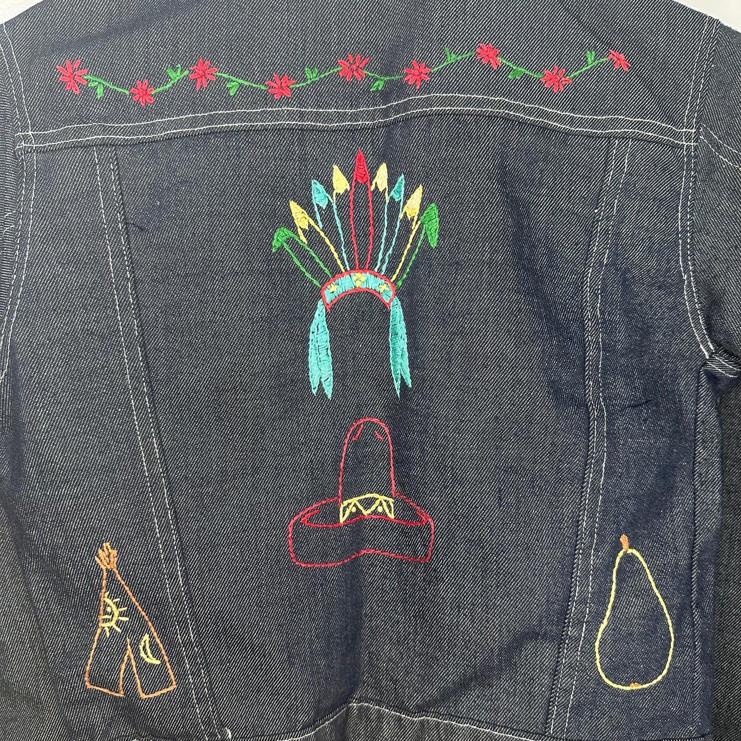 1970s Kids Blue Jean Jacket with Hand Stitched Embroidery, Toughskins Denim, Sears Boys Size 8/9