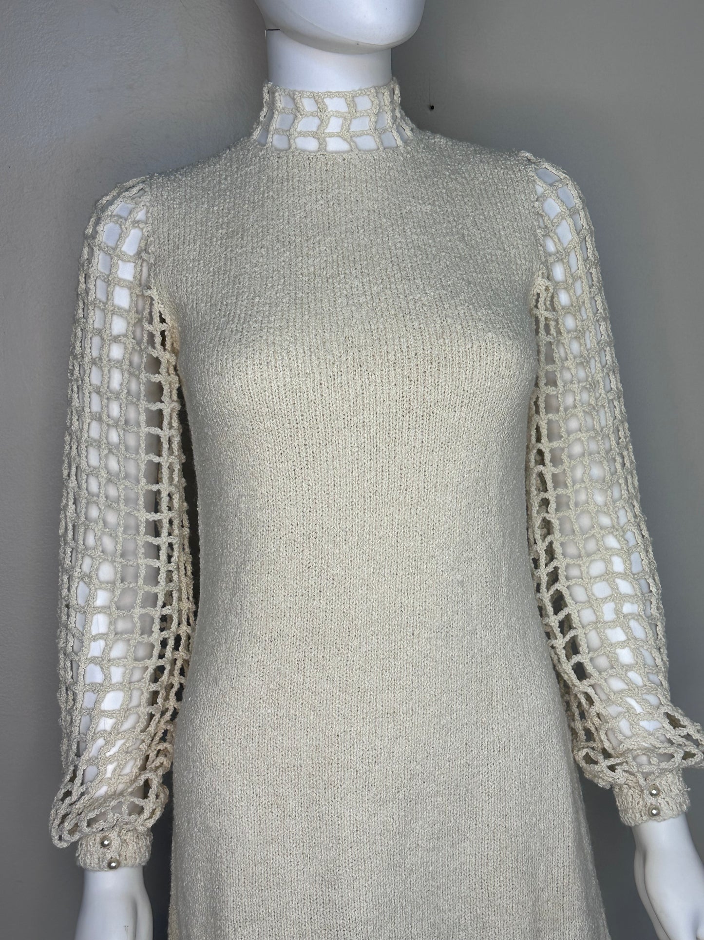 1960s St John Knits Cream Mini Dress, Size Small, High Neck, Open Net Long Sleeves