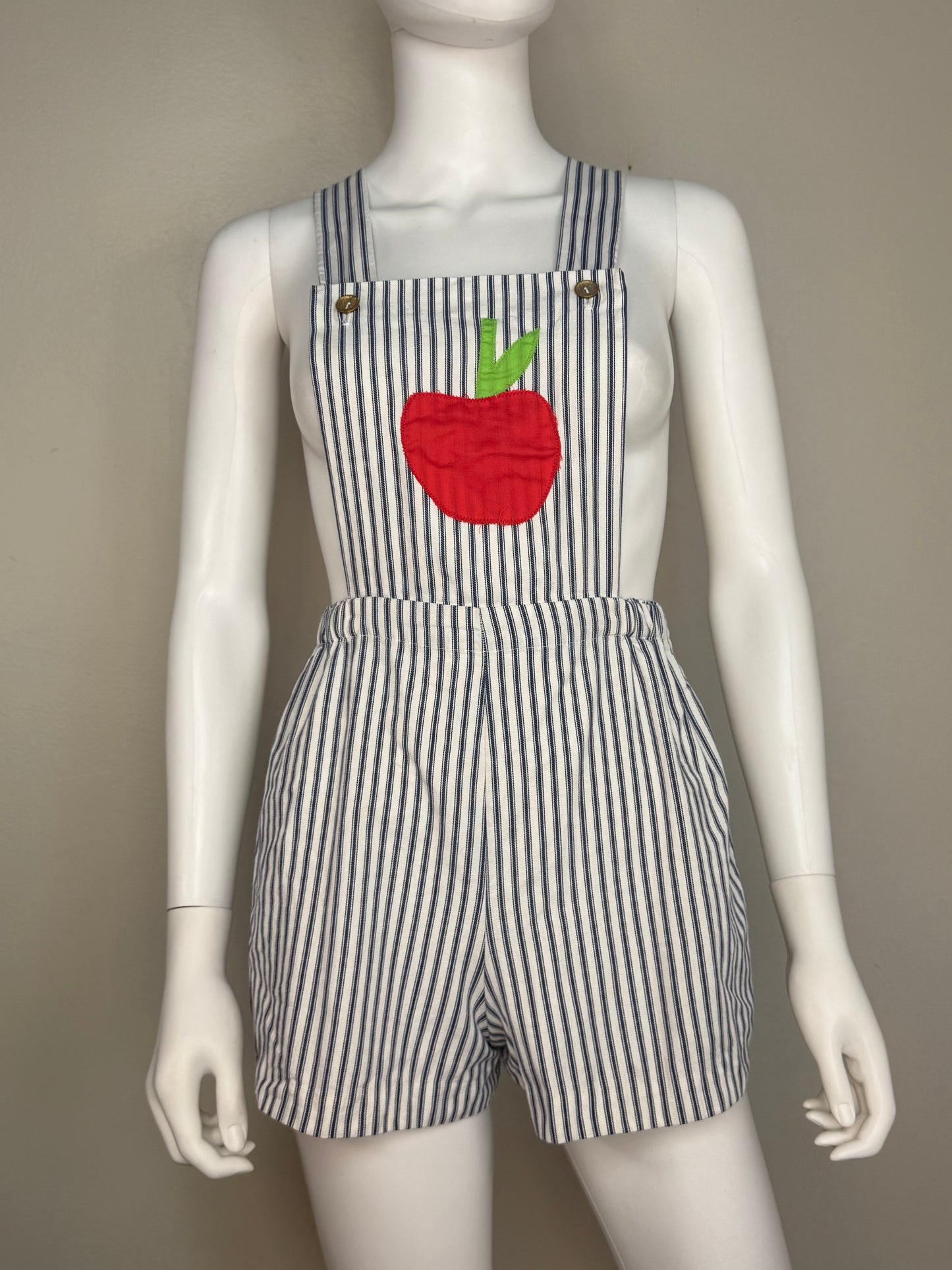 1970s Striped Low Back Overall Shorts with Apple Appliqué, Shortalls, Size X-Small
