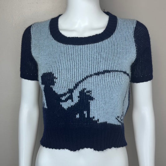 1970s Picture Knit Short Sleeve Sweater, Child and Dog Fishing, Size XS, 70s does 40s