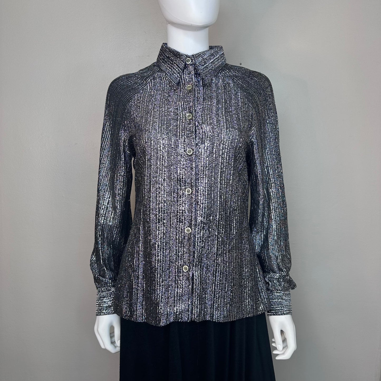 1970s Black and Silver Sparkle Metallic Blouse, Judy Bond Size Medium