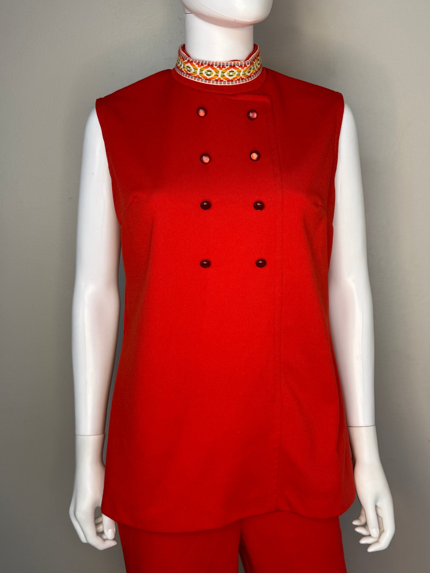 1960s/70s Mod Red Pant Suit, Sleeveless Top and Pants, Polyester Double Knit with Rainbow Trim, Size Medium