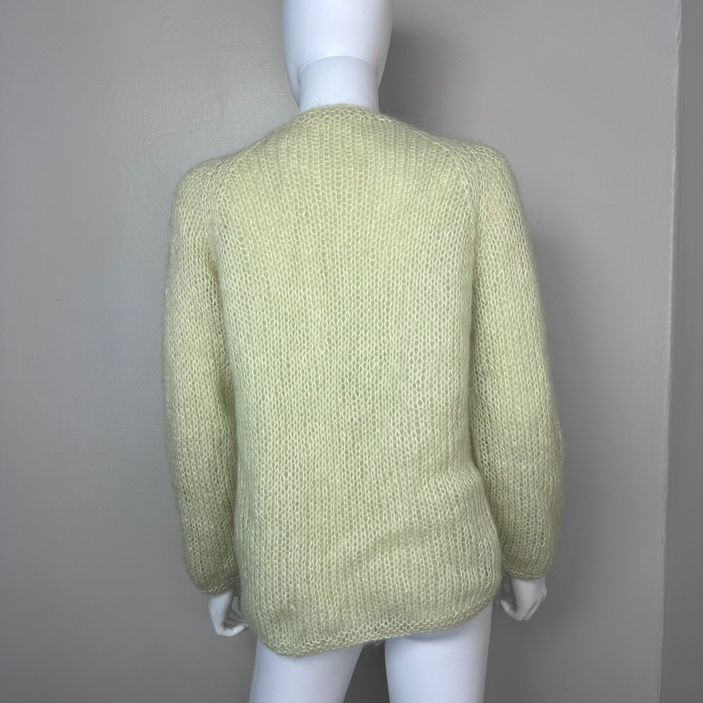 1960s Fuzzy Lime Green Cardigan Sweater with 3D Grapes Embroidery, Size Medium, Lined