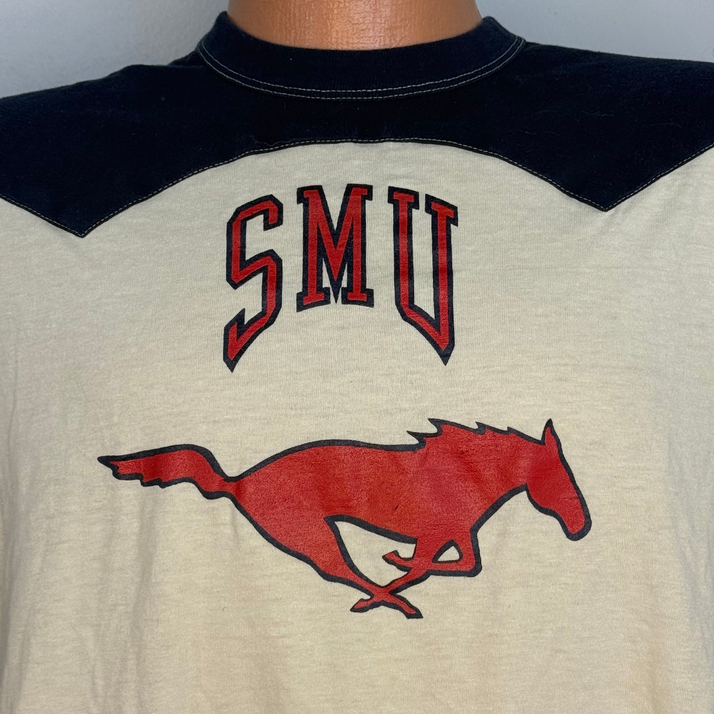 1980s SMU Mustangs T-Shirt, Champion Size Large, Southern Methodist University, Western Tee, Distressed