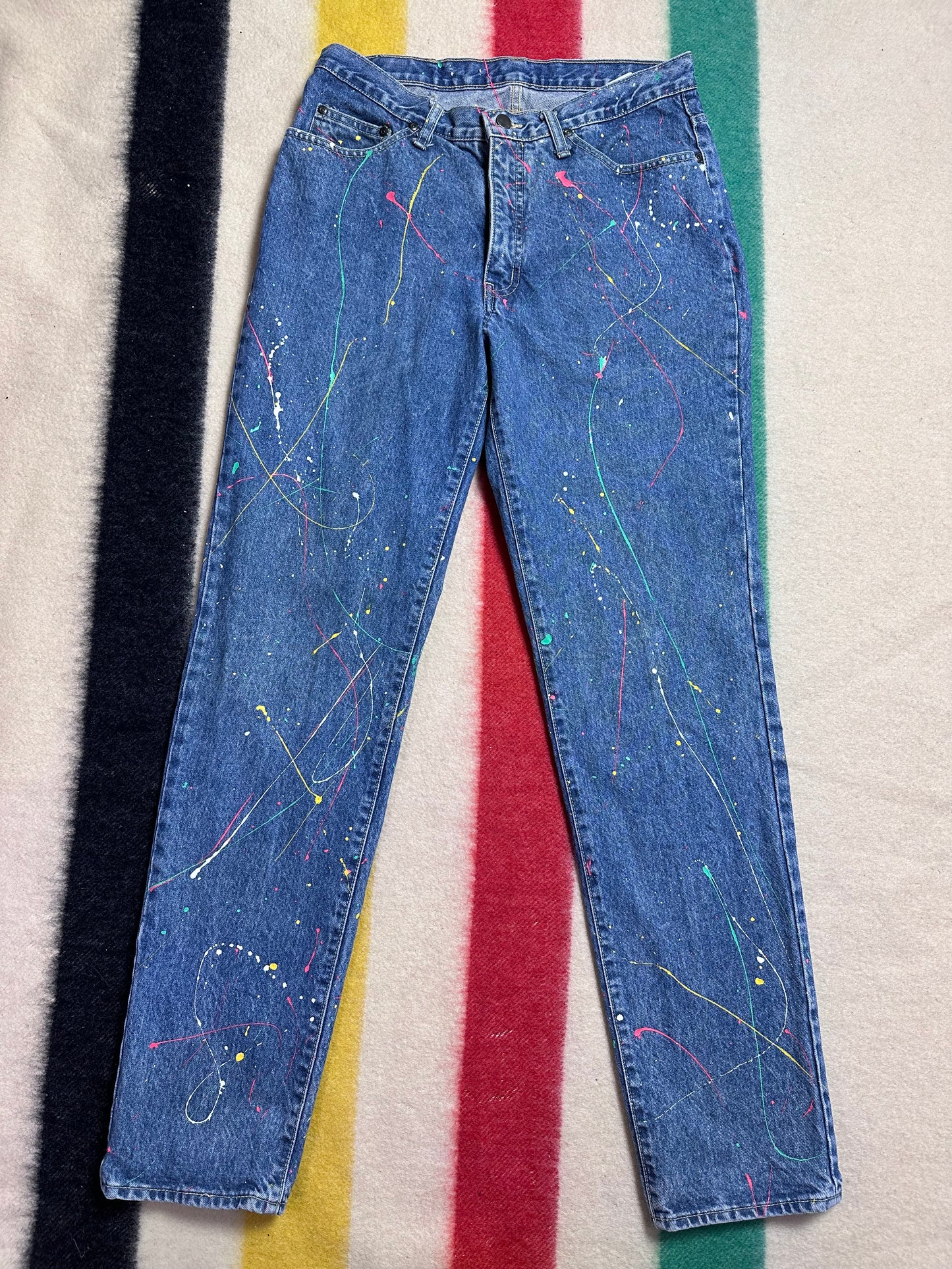 1980s Splatter Paint Jeans, Code Bleu, 31.5"x33.5"