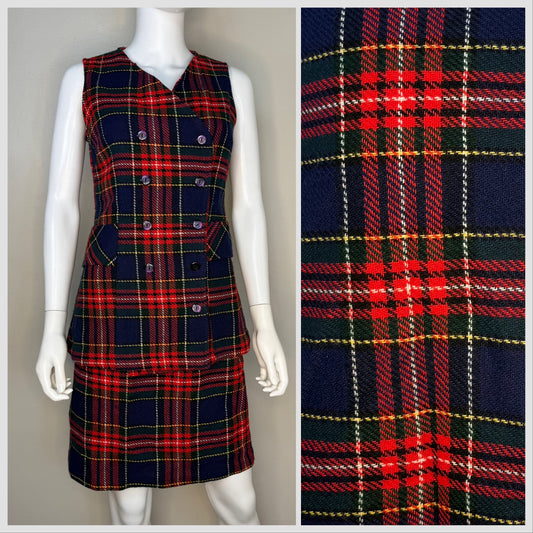 1960s Navy Blue and Red Plaid Vest and Skirt Set, Handmade Size Small