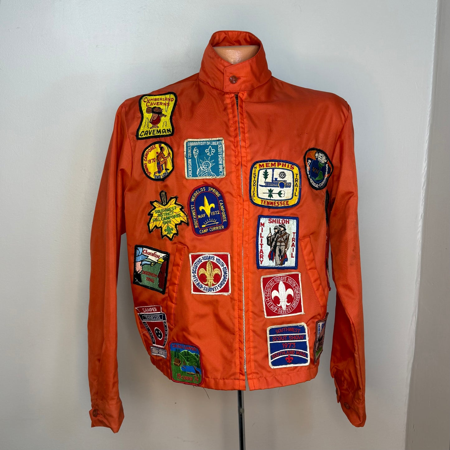 1960s Orange Nylon Jacket with 60s/70s Boy Scouts Camp Patches, Size Medium, Order of the Arrow, BSA