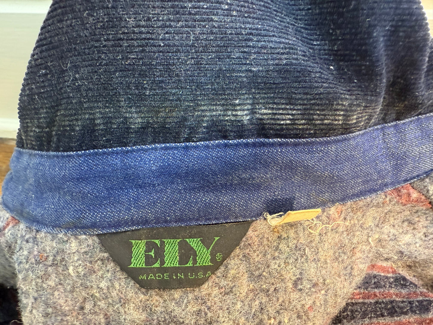 1970s Denim Chore Coat, Blanket Lined Jacket, Ely Size 44, Corduroy Collar