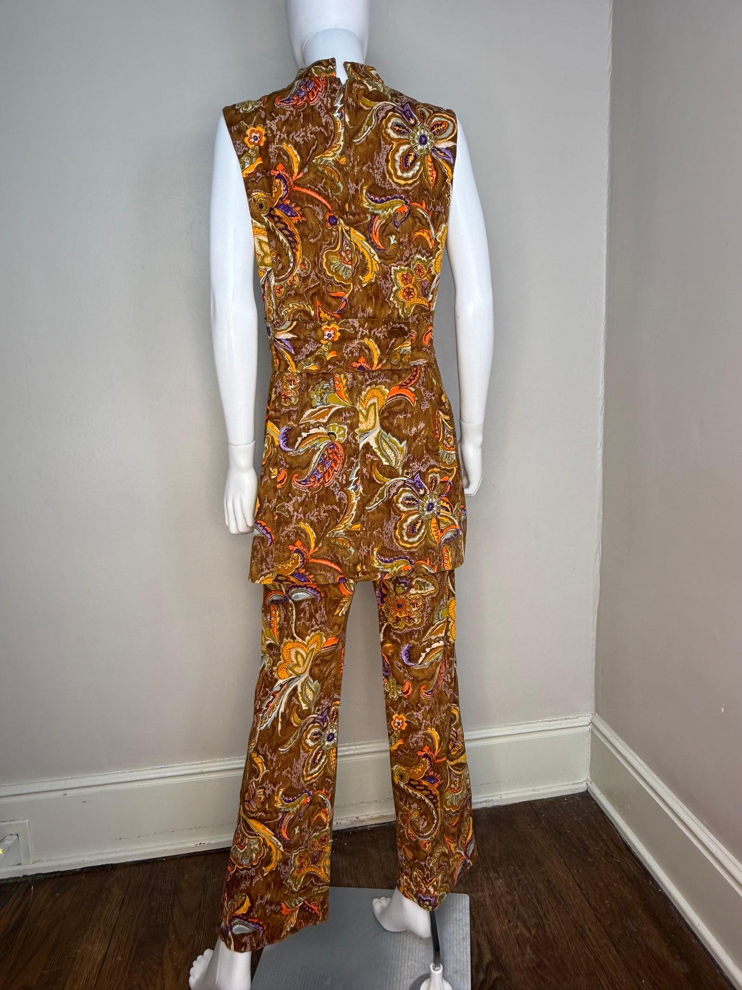1960s Brown Paisley Cotton Barkcloth Mini Dress and Pants Set, Handmade Size Medium