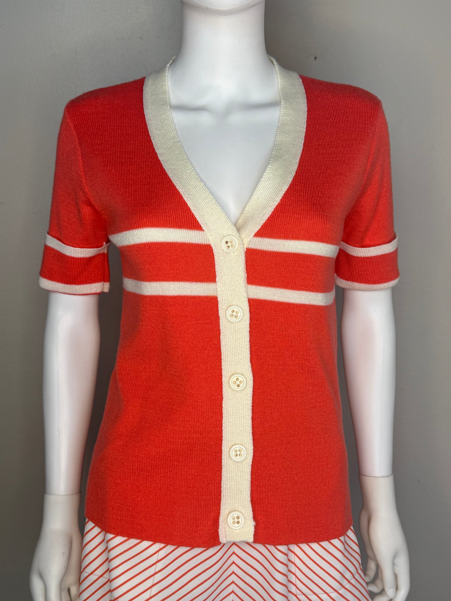 1970s Coral Tennis Skirt and Sweater Set, Stripe Mini Skirt and Short Sleeve Cardigan, Carol Canaan for Top Seed Size Small, Forty Love Tennis Shoppe