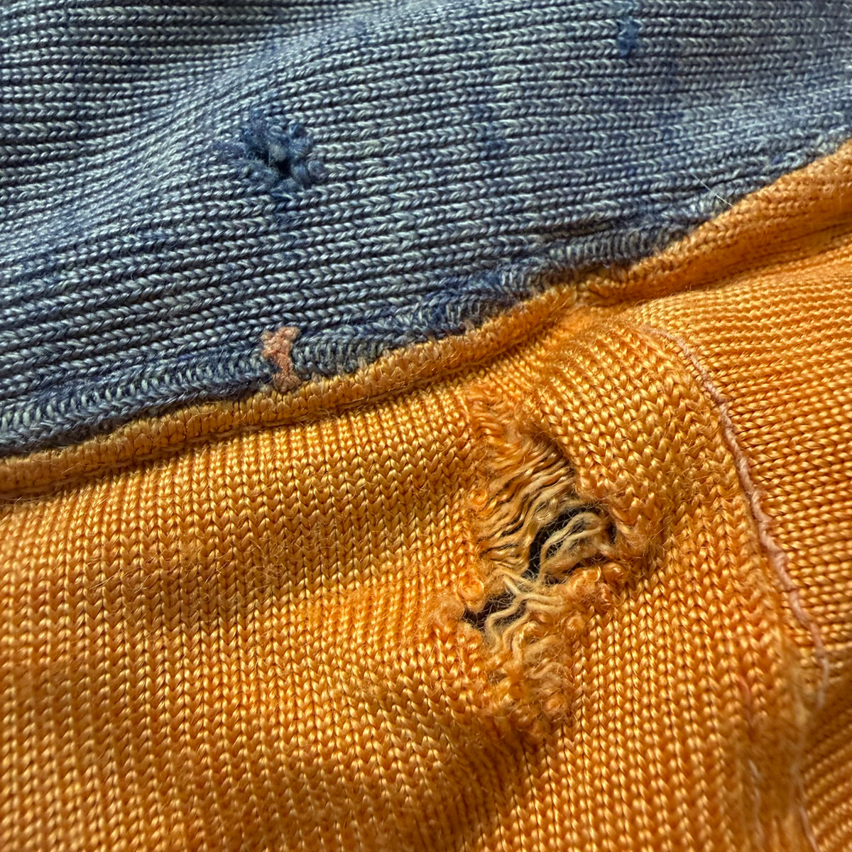 1950s Orange and Blue Durene Jersey, Appliqué No 55, Faded and Distressed, Size Medium