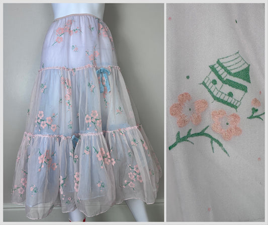 1950s Pastel Pink Tiered Parfait Petticoat Half Slip, Size Small-Medium, Flocked Novelty Print, Anita-Parfit