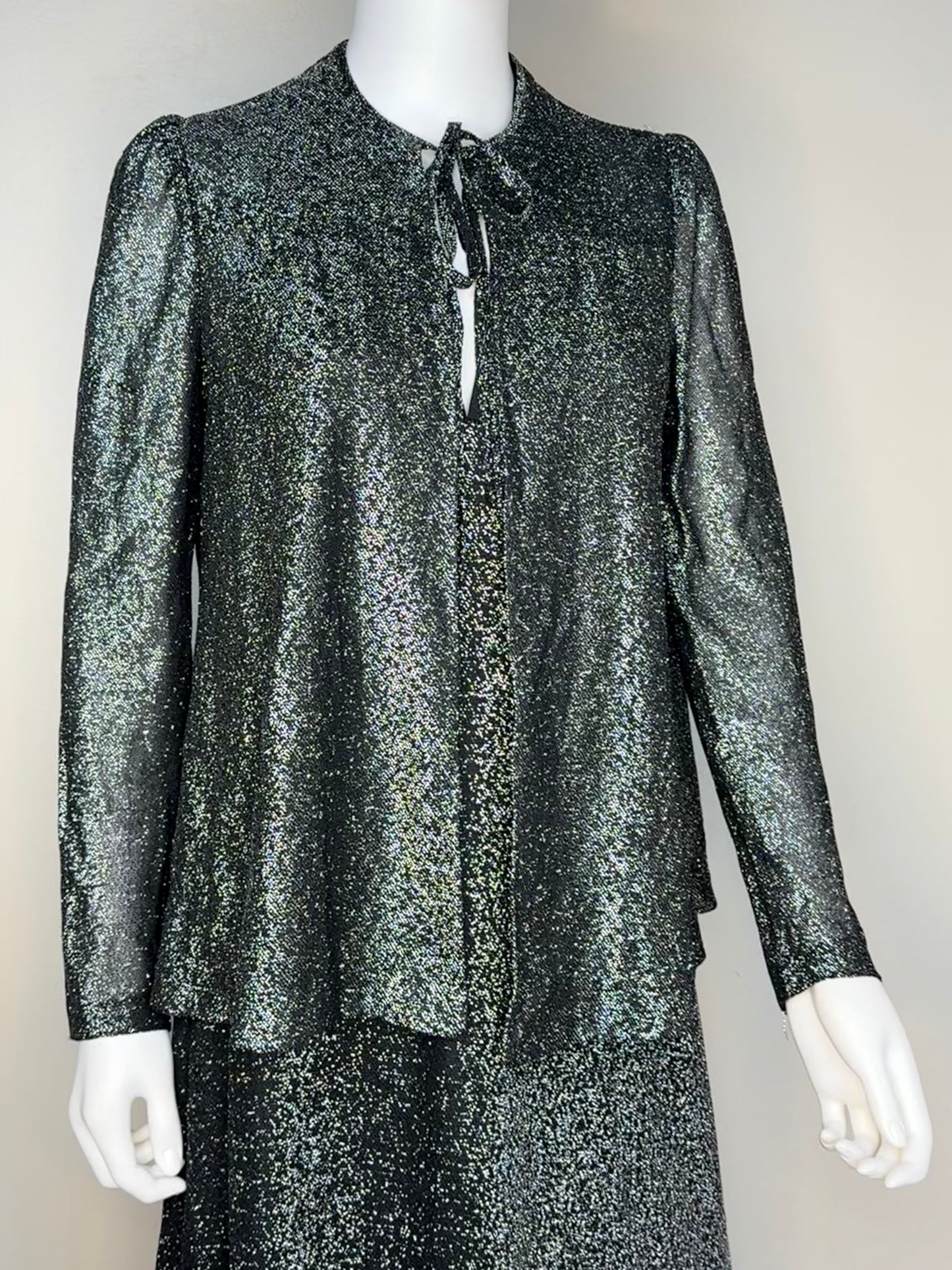 1970s Black and Silver Lurex Halter Maxi Dress with Coverlet, Tie Front Blouse, Corky Craig Size XS