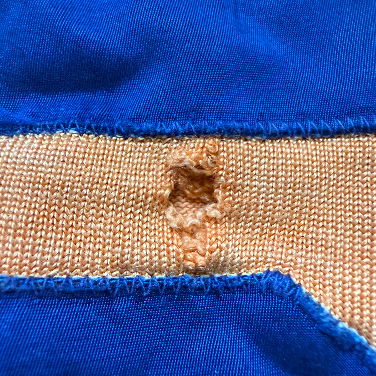 1950s Orange and Blue Durene Jersey, Appliqué No 55, Faded and Distressed, Size Medium