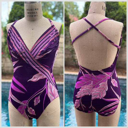 1970s Purple Tropical Floral Swimsuit, Sirena Size XS-Small