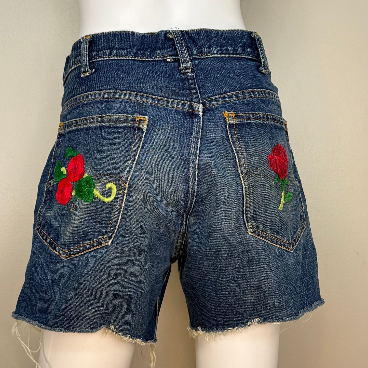 1960s/70s Levi’s Cut Off Denim Shorts, Hand Embroidered Flowers on Pockets, 33" Waist