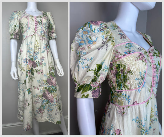 1970s Floral Puff Sleeve Midi Dress, Young Innocent by Arpeja Size Medium