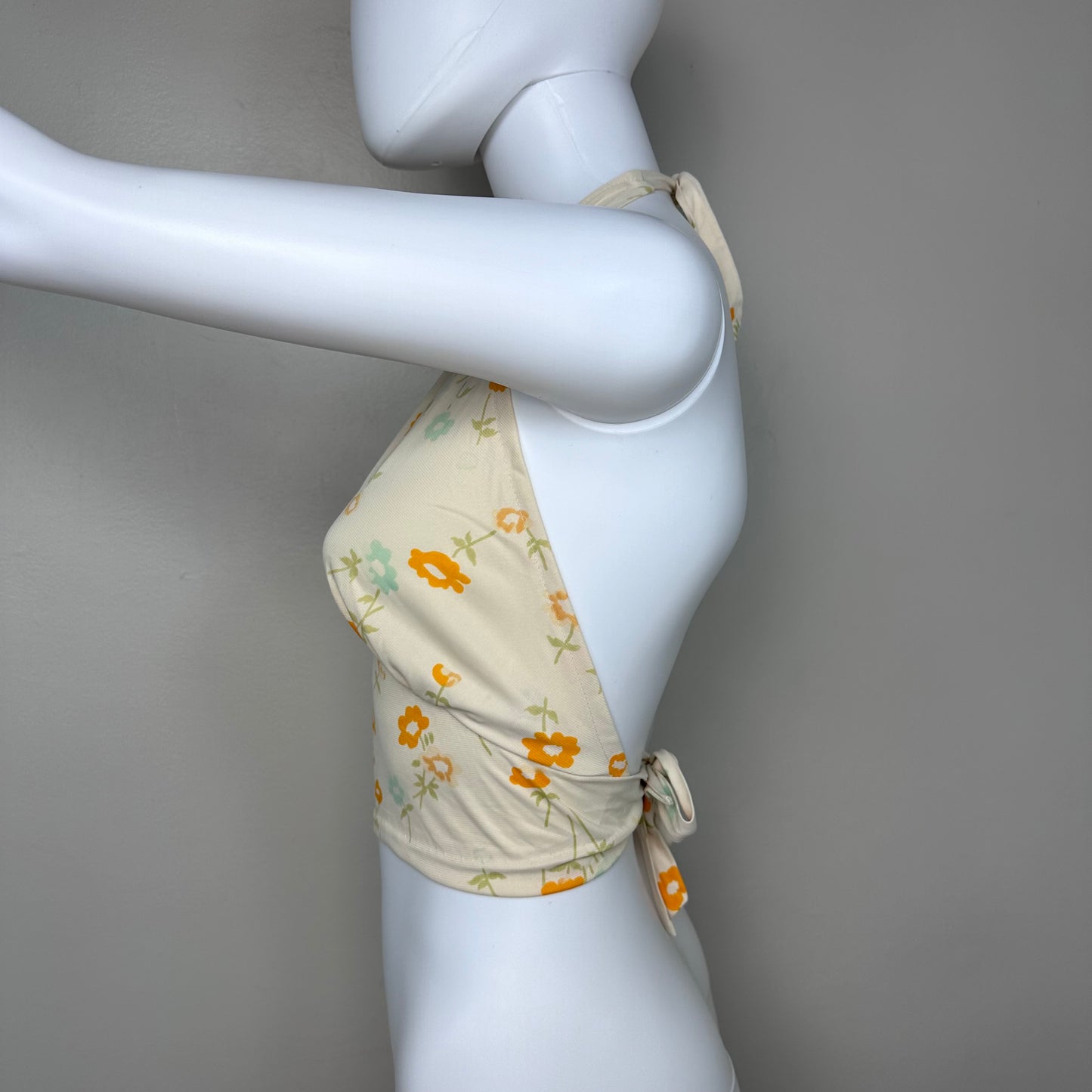 1970s Floral Cropped Halter Top, Back Tie, Fritzi of California Size Small-Medium