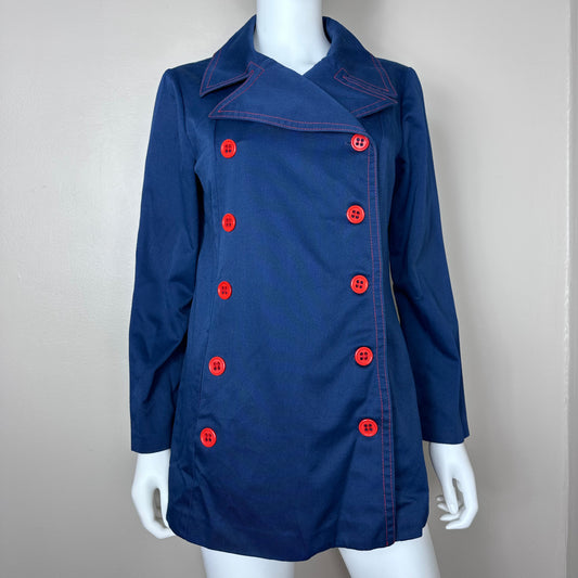 1960s Light Weight Blue Pea Coat with Red Buttons, Jack Winter Size Small, Mod, Double Breasted