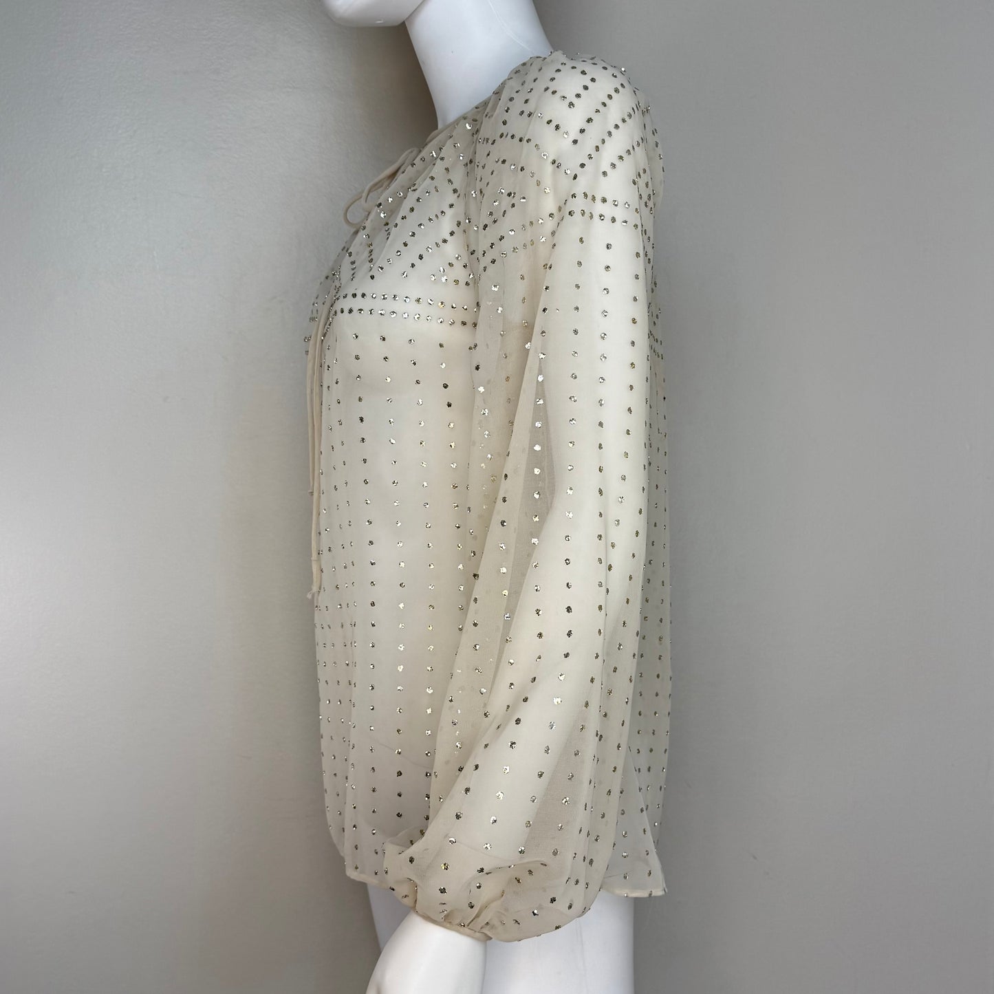 1970s Sheer Cream Blouse with Glitter Polkadots, Balloon Sleeves, Anthony Muto A.M./P.M. Size Small