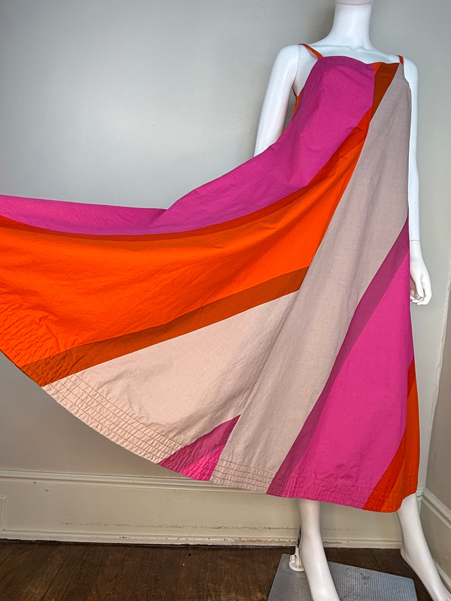 1960s Marimekko Midi Dress, Size Small, Sleeveless Sundress, Pink Orange and Grey Bold Wide Stripes, Suomi Finland, Design Research, Dated 1967