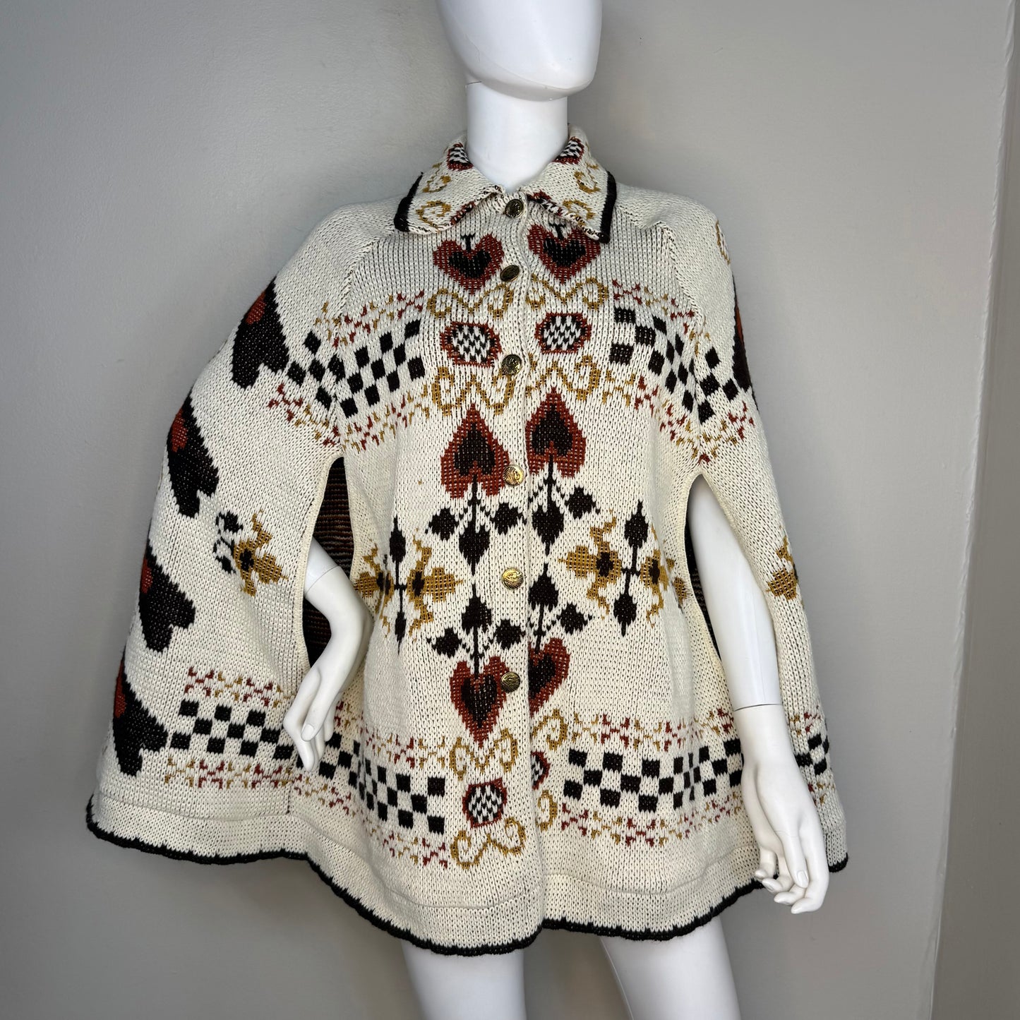 1970s Folk Art Knitted Cape, Sturbridge by Roosevelt, Open Sizing