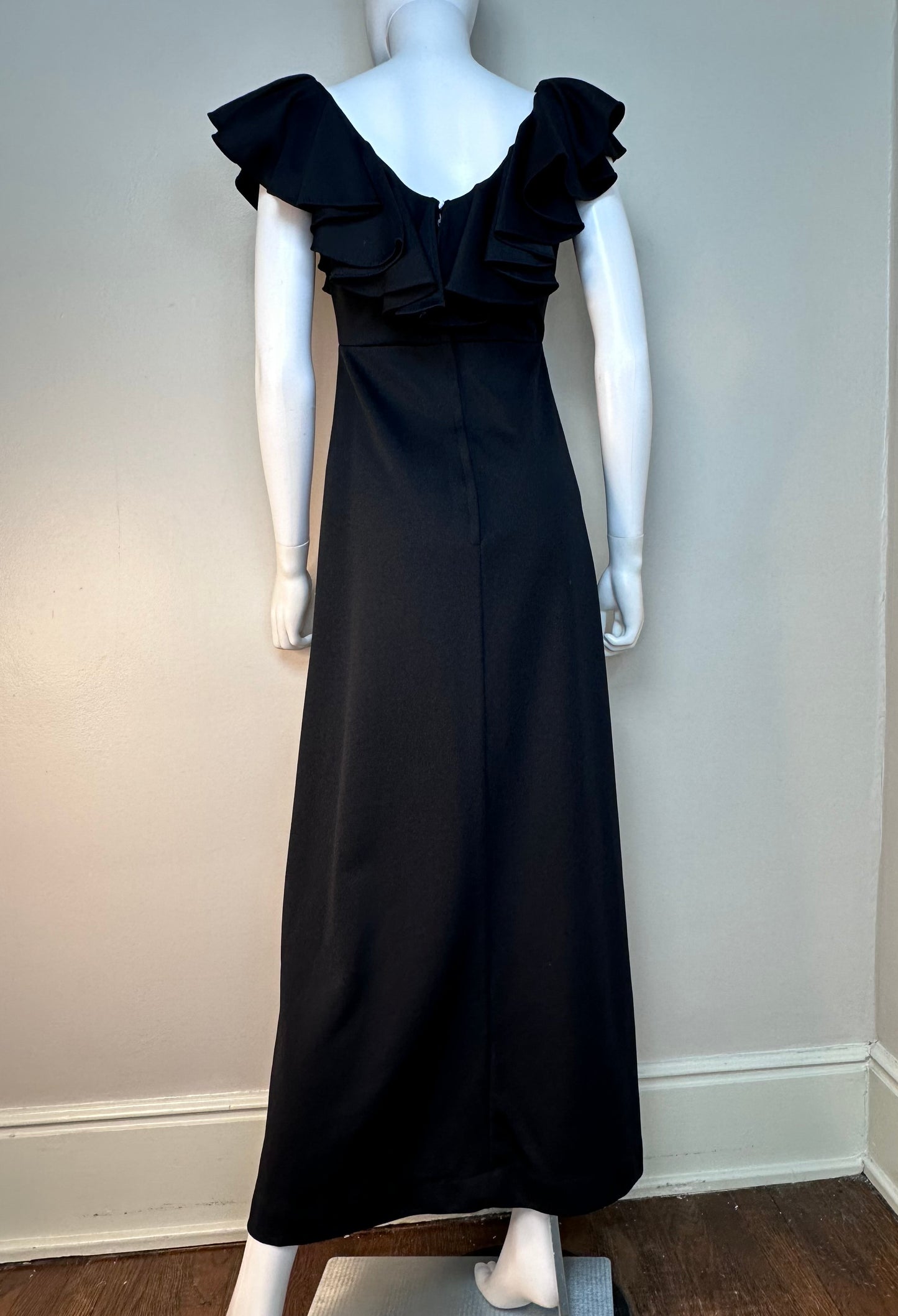 1970s Black Sleeveless Maxi Dress with Ruffle Neck, Size Small