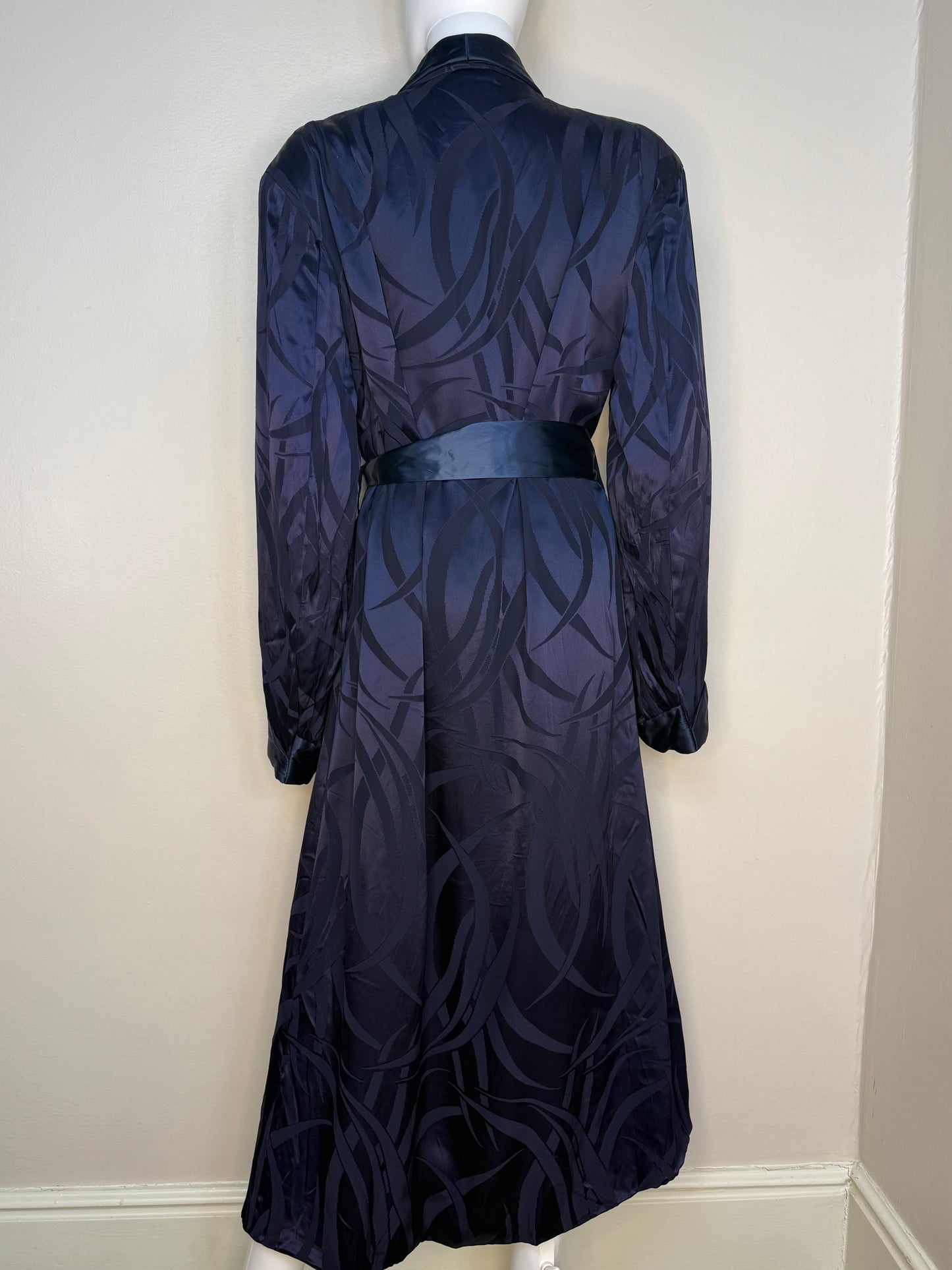 1930s/40s Men’s Navy Blue Satin Jacquard Lounging Robe, Smoking Jacket, Belt with Fringe Trim, Lowenstein’s Size Large