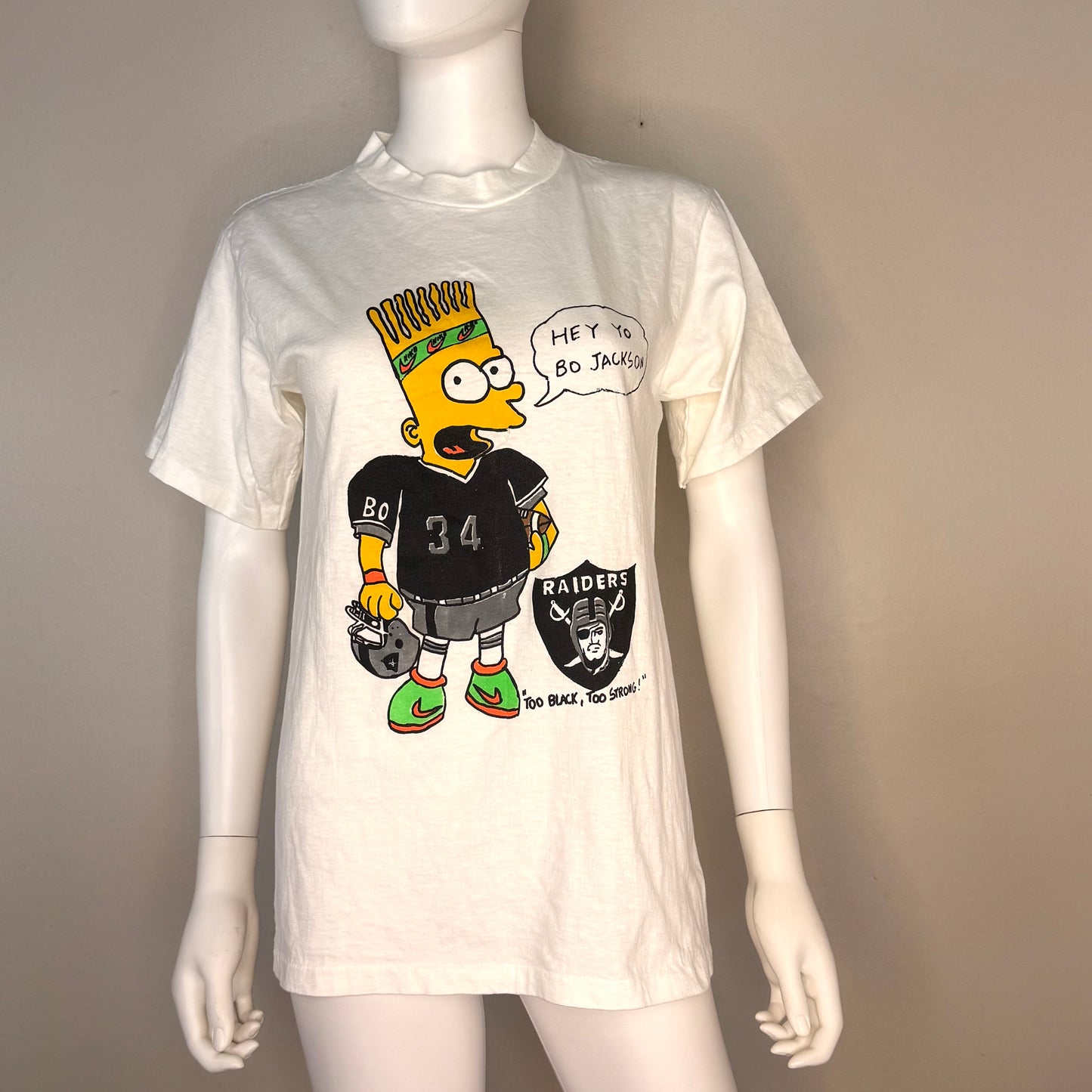 1990s Bootleg Bart Simpson T-Shirt, Los Angeles Raiders Bo Jackson 34, Too Black Too Strong, Simpsons Parody, Harlequin Size S/M