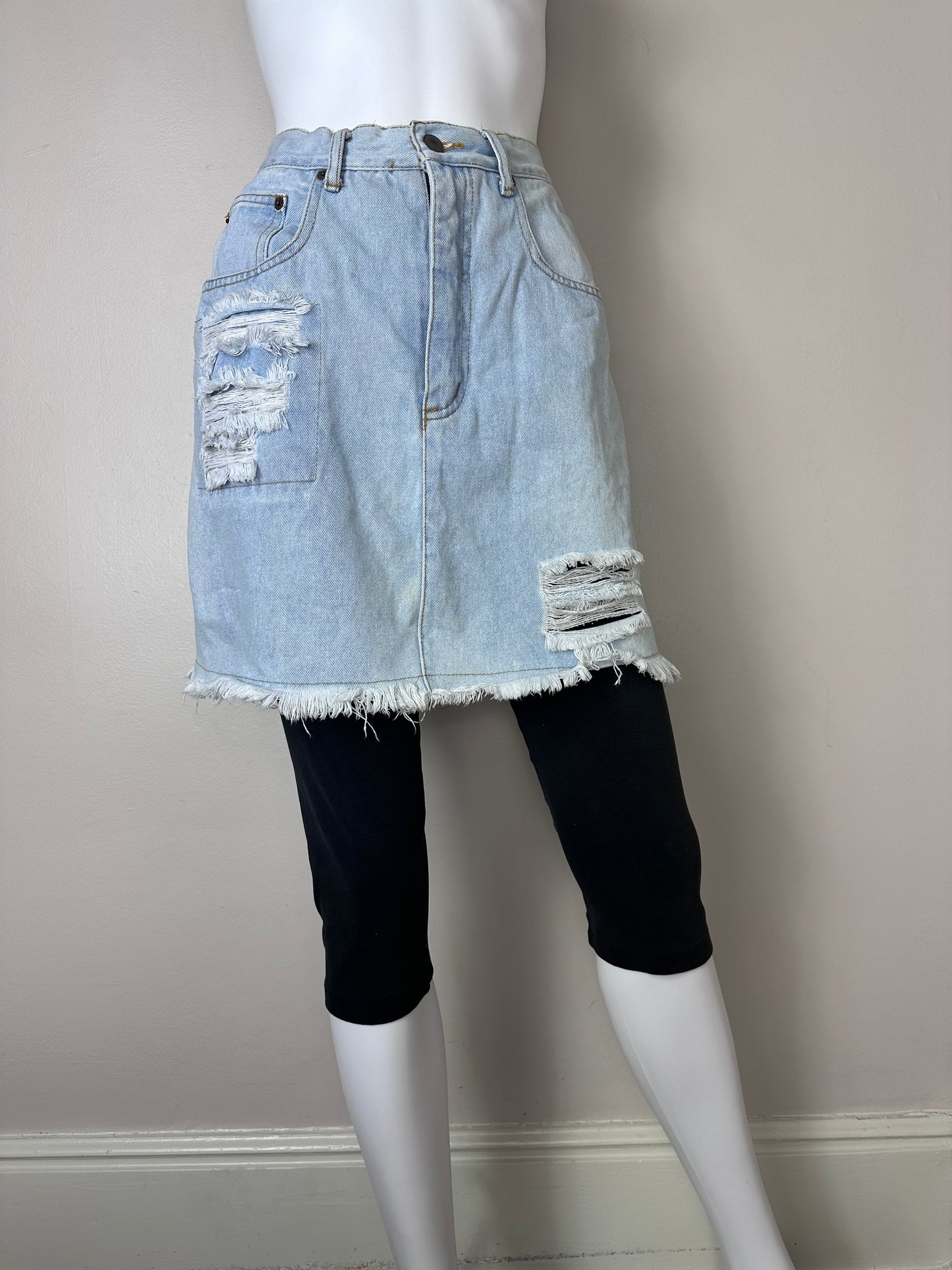 1980s/90s Denim Skirt with Attached Black Leggings, No! Jeans Size S/M, Distressed