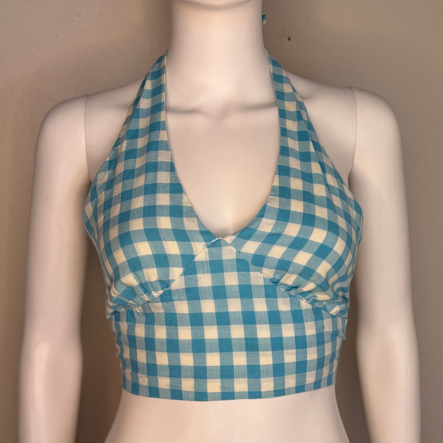1970s Blue and White Plaid Cropped Halter Top, Tie, Size X-Small