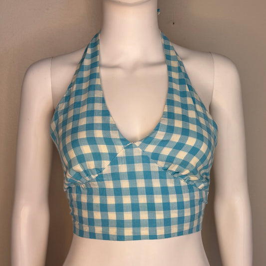 1970s Blue and White Plaid Cropped Halter Top, Tie, Size X-Small