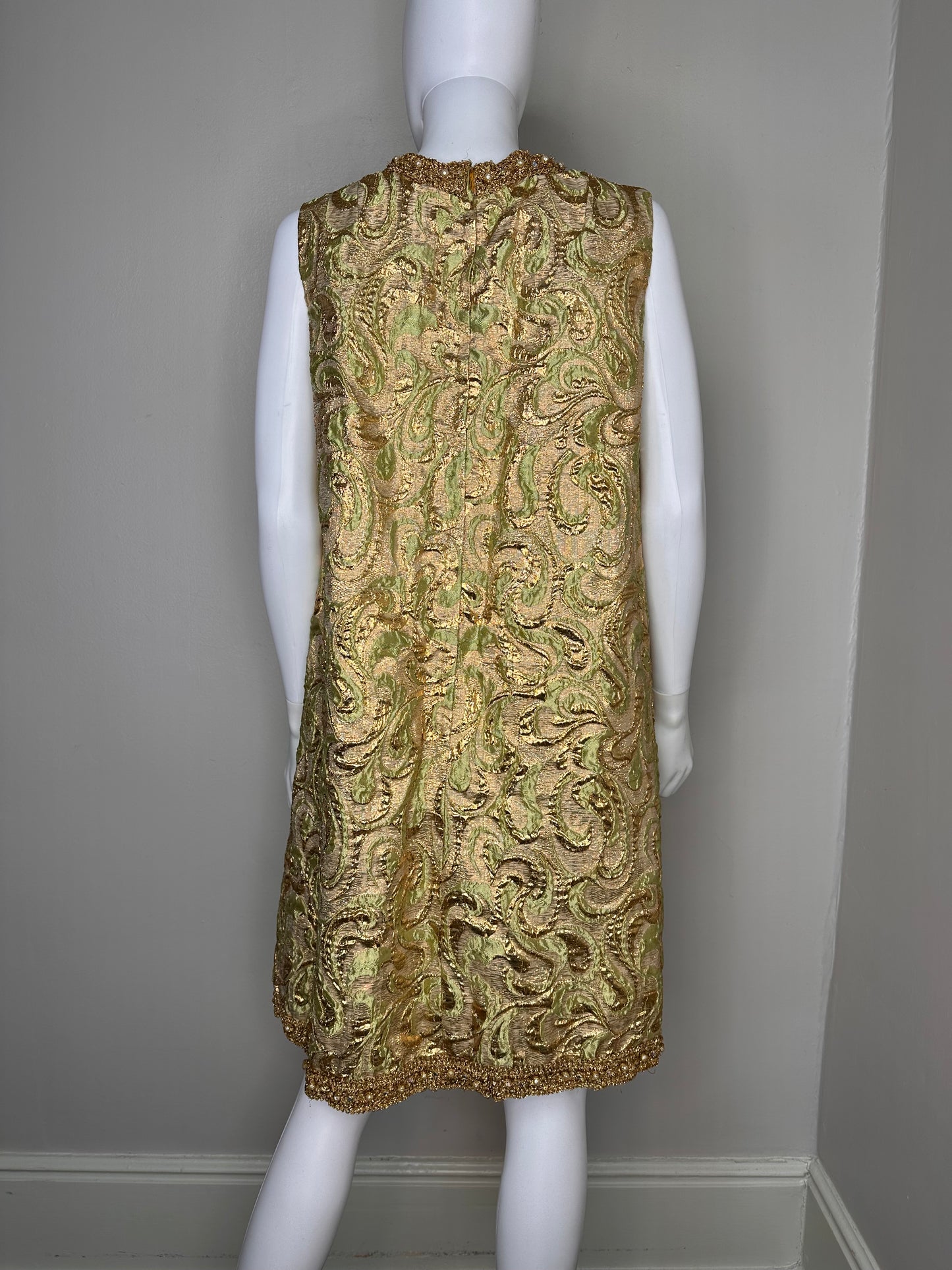 1960s Gold Brocade A Line Cocktail Dress, Handmade Size Medium