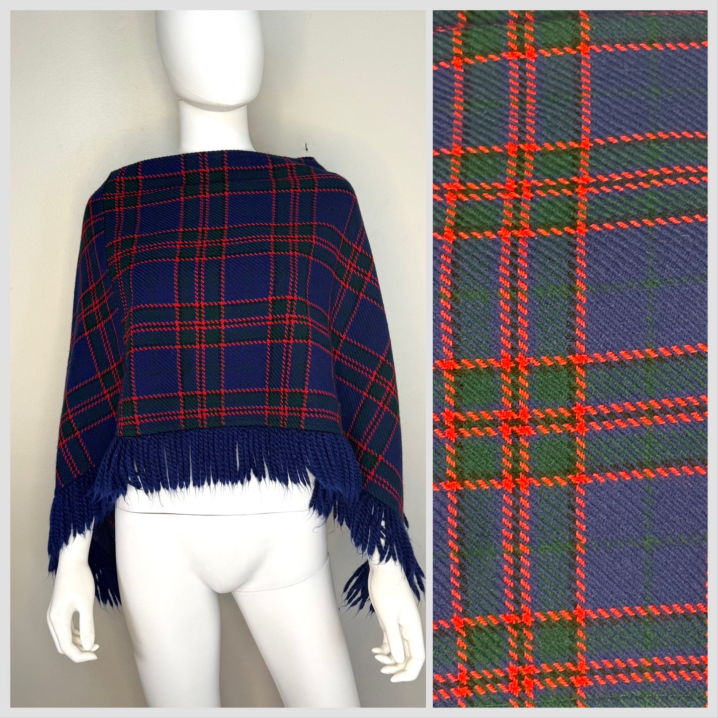 1960s/70s Navy Blue Plaid Poncho with Fringe, Glentex Size XS-Medium