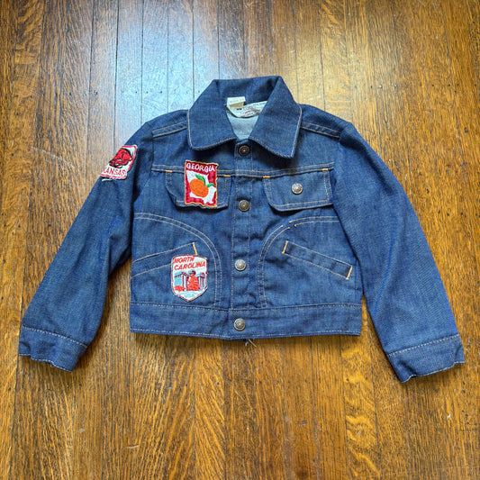 1970s Kids’ Blue Jean Denim Jacket with Southern US States Travel Patches, Selvage, Towncraft JR Boys JCPenney Size 4/5