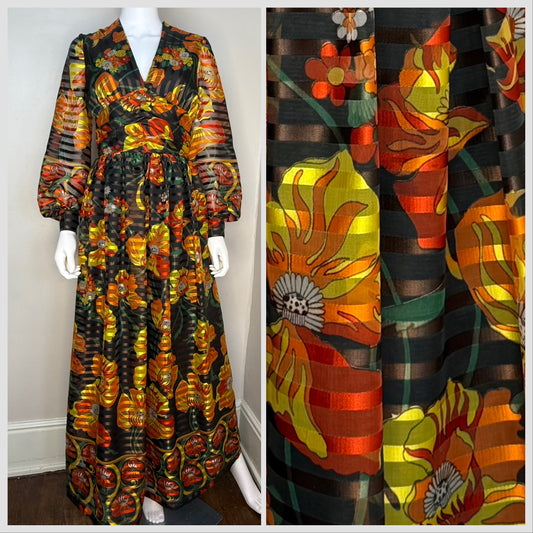 1970s Orange Floral Maxi Dress, Long Sleeve Formal, Balloon Sleeves, Morton Myles for Smith and Jones Size XS