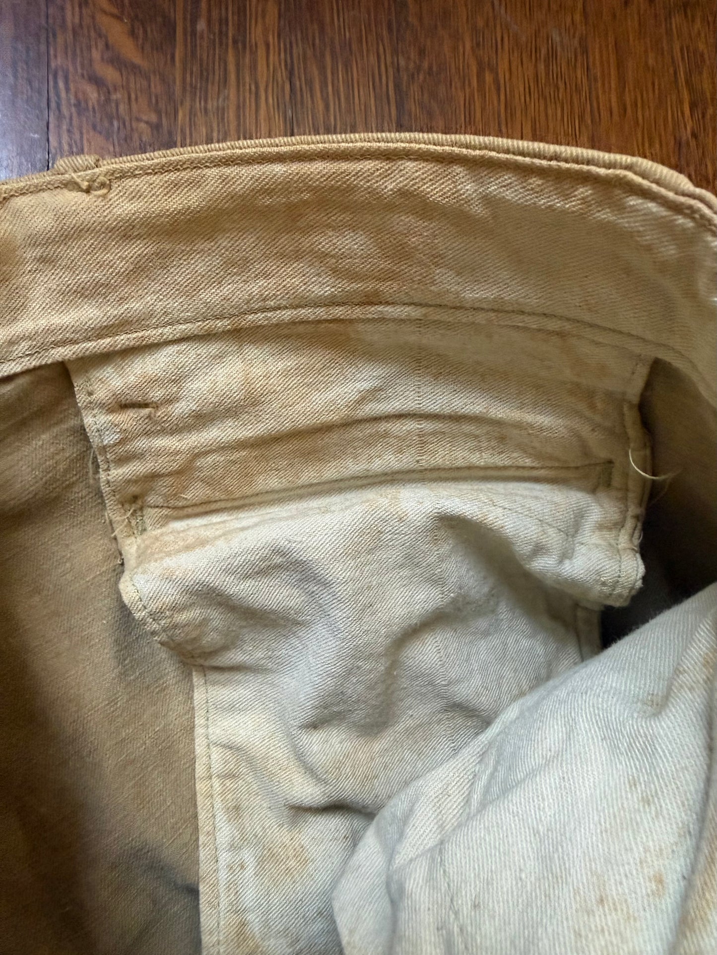 1910s WW1 Khaki Canvas Jodhpurs Pants, Summer Riding Breeches, Distressed Patina, 33"x26.25"