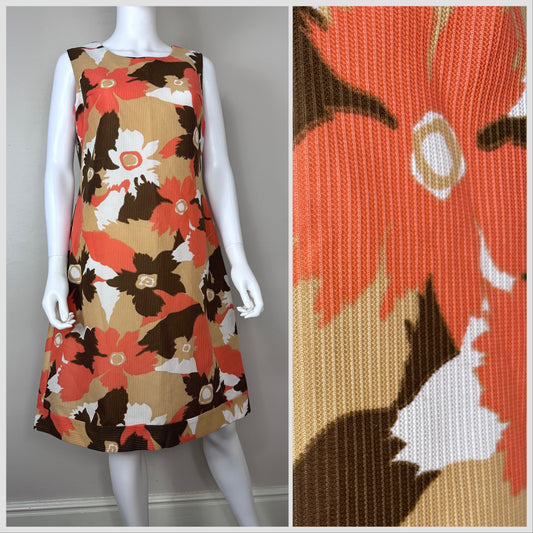 1960s/70s Orange and Brown Floral Dress, Trevira 2000 Size Large
