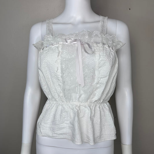 1950s White Seersucker Lingerie Tank Top, Lace Trim, Loomcraft Size XS-Small