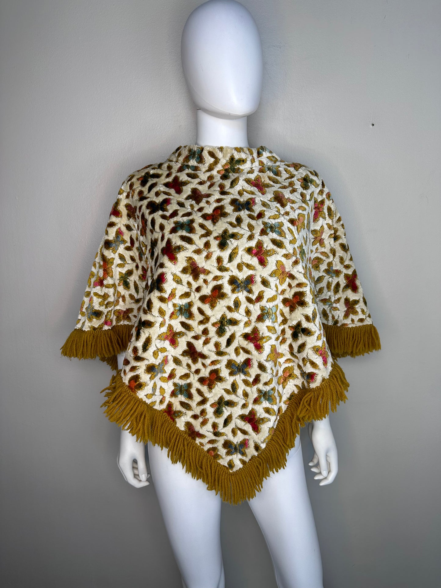 1960s/70s Butterfly Velvet Tapestry Poncho with Fringe, Handmade Size Small