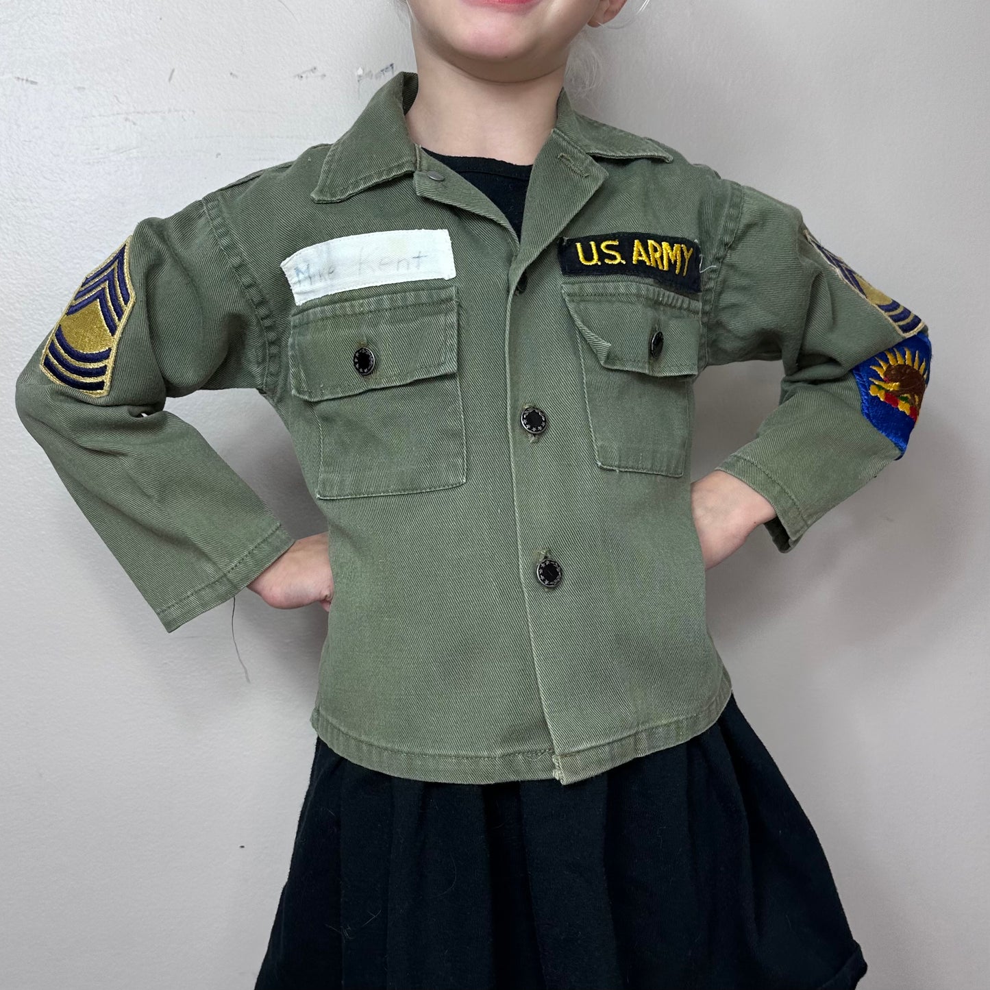 1960s Kids US Army Jacket, Herman Iskin & Co Pla-Master Play Suit Fatigue Outfit Costume Size 4