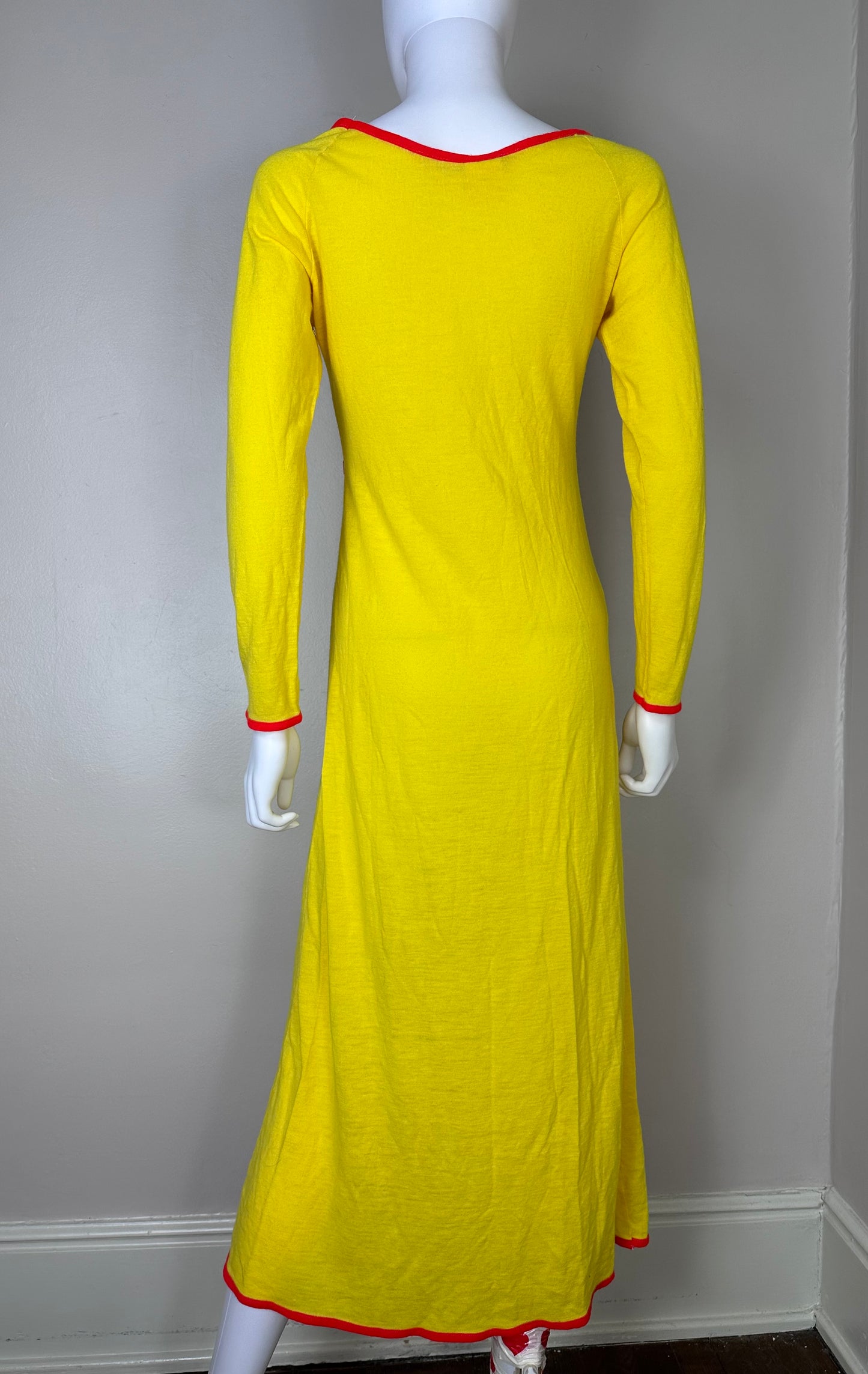 1970s Yellow Strawberry Knit Long Sleeve Nightgown, Sears Size Small-Medium