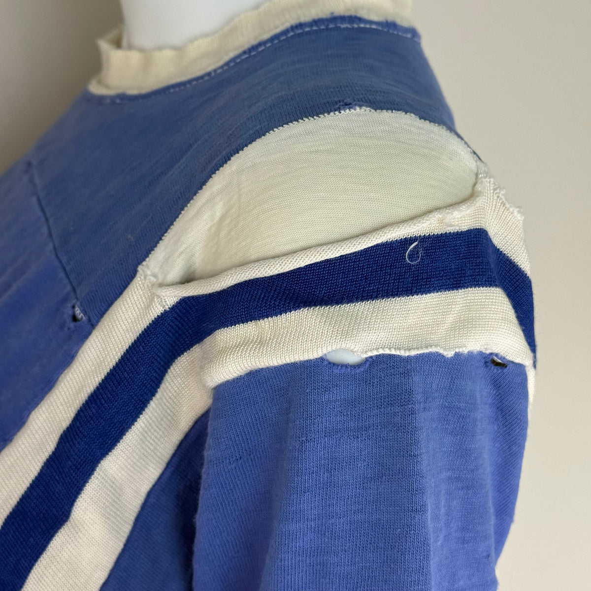 1960s Blue Cotton Jersey T-Shirt, HaneSport Size Small, No. 18, Distressed