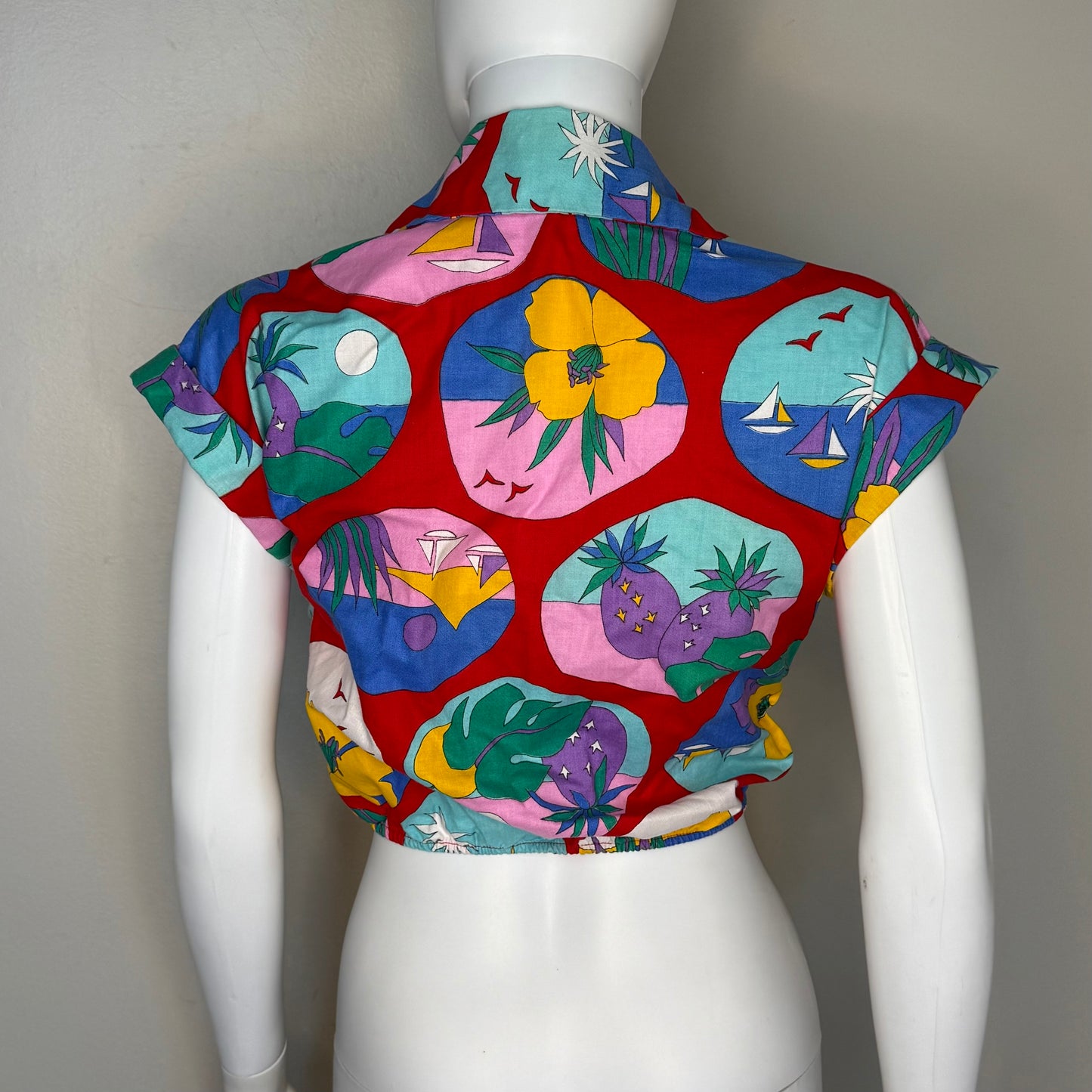 1980s Cropped Tie Front Blouse, Size S/M, Tropical Print Top